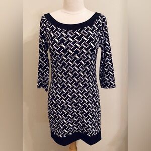 White House Black Market White Black Purple Geometric 3/4 Sleeve Mini Dress SZ S